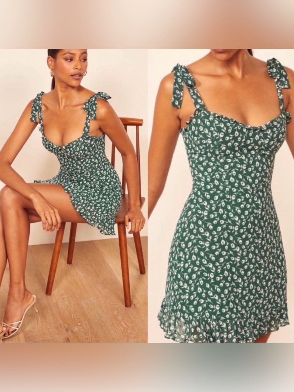 Reformation Green Floral Sweetheart Tie
Strap Smocked Mini dress size 2